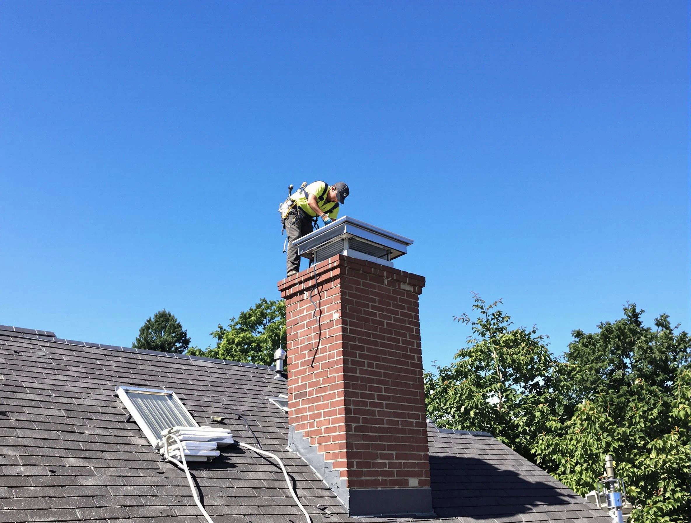 Johns Creek Chimney Sweep technician measuring a chimney cap in Johns Creek, GA