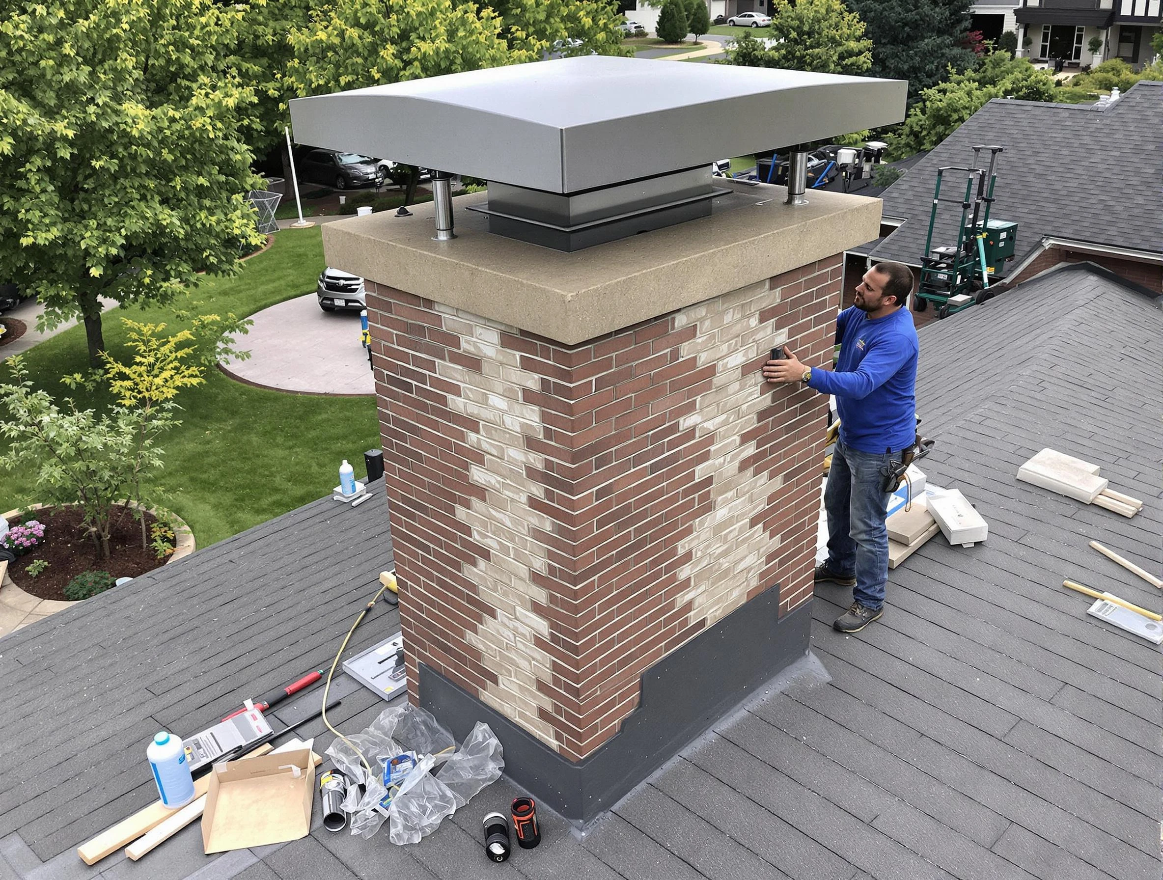 Johns Creek Chimney Sweep team working on a custom chimney remodel in Johns Creek, GA