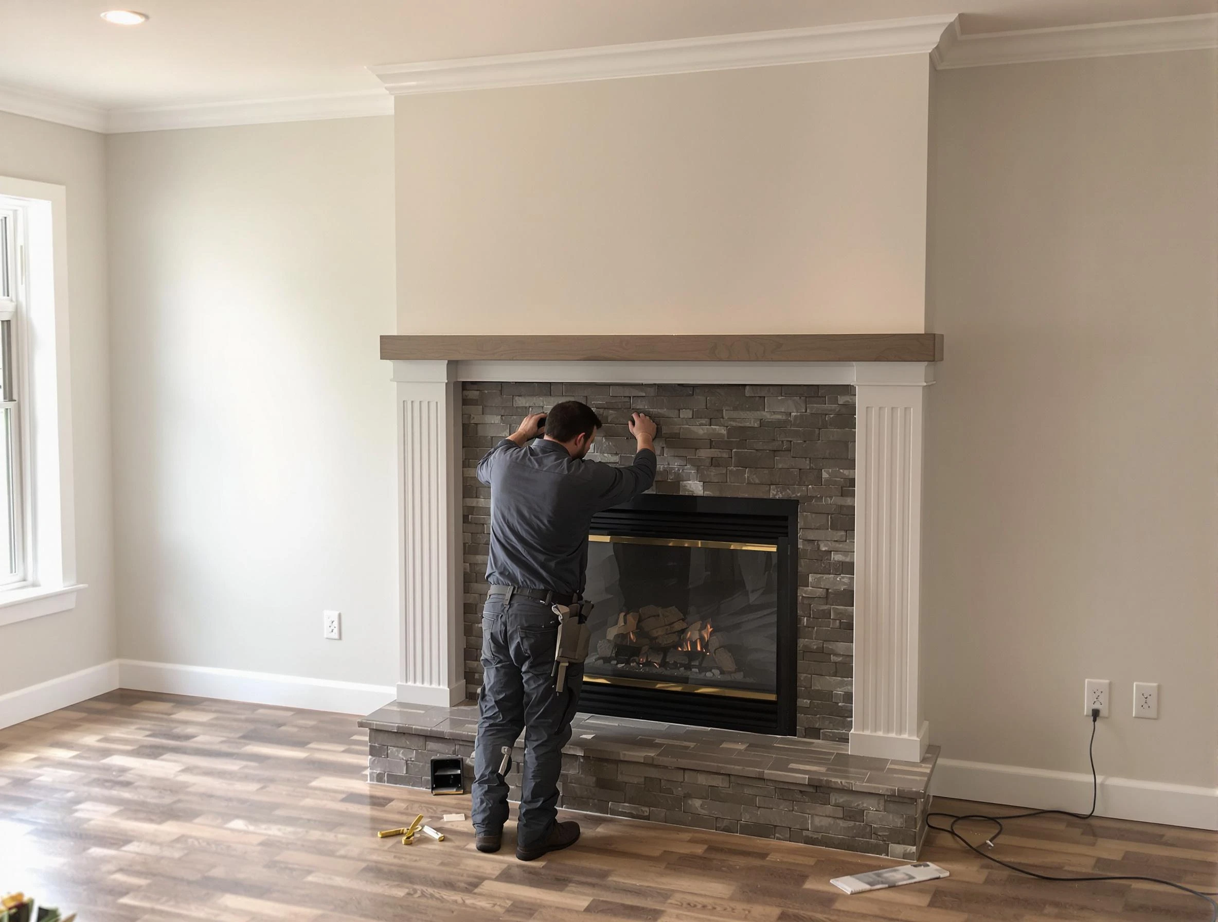 Johns Creek Chimney Sweep finishing a custom fireplace install in Johns Creek, GA